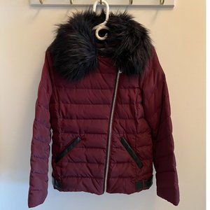 Karl Lagerfeld Burgundy Down Puffer Jacket with Faux Fur